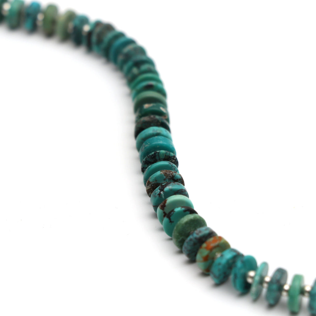 Turquoise Smooth Tyre Beads with Metal Spacer Ball- 6 mm to 7.5 mm - Turquoise Coin - Gem Quality , 8 Inch Full Strand, Price Per Strand - National Facets, Gemstone Manufacturer, Natural Gemstones, Gemstone Beads